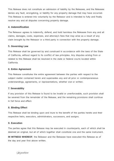Free Release of Liability for Property Damage Template to Edit Online