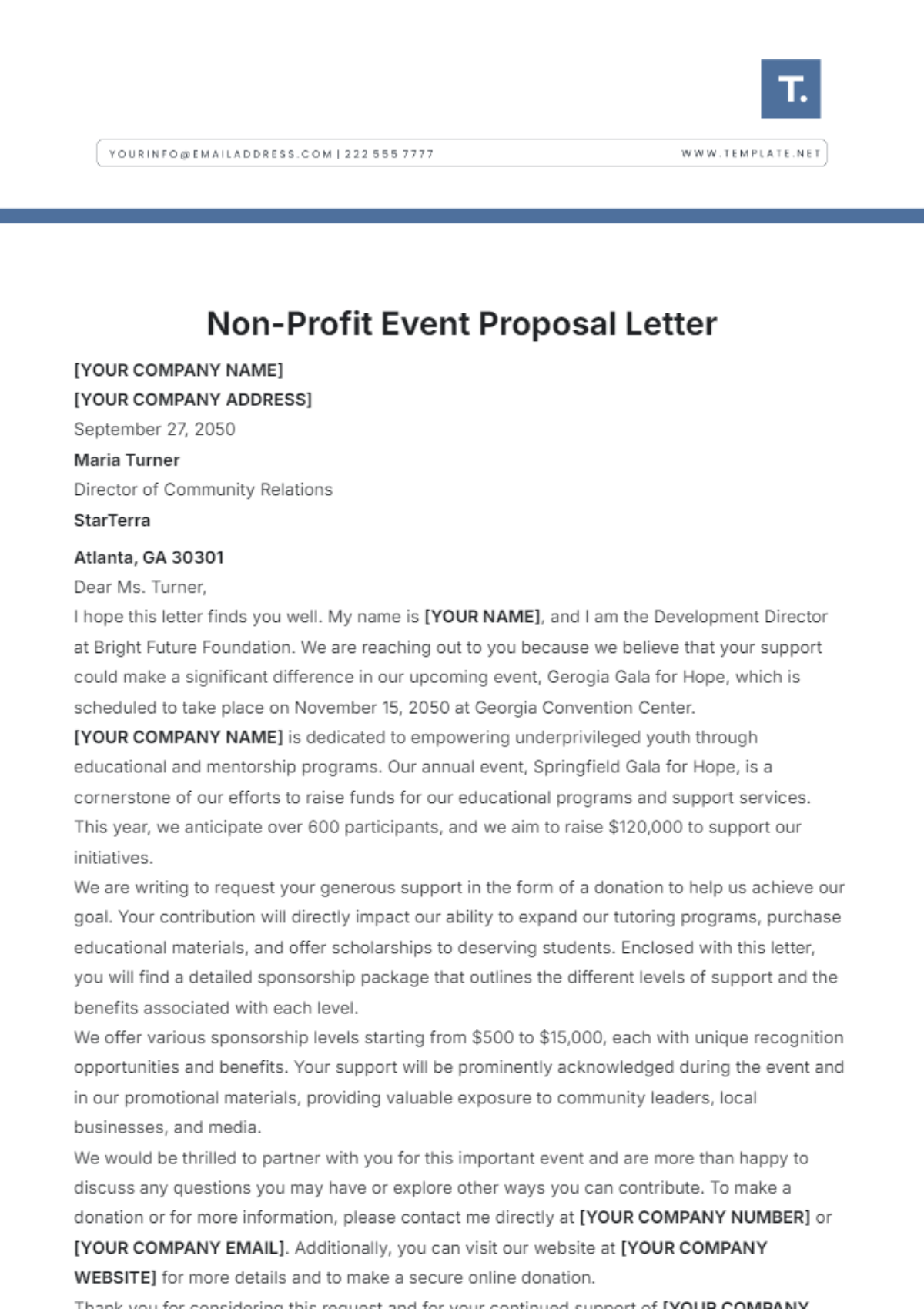 Non-Profit Event Proposal Letter Template - Edit Online & Download