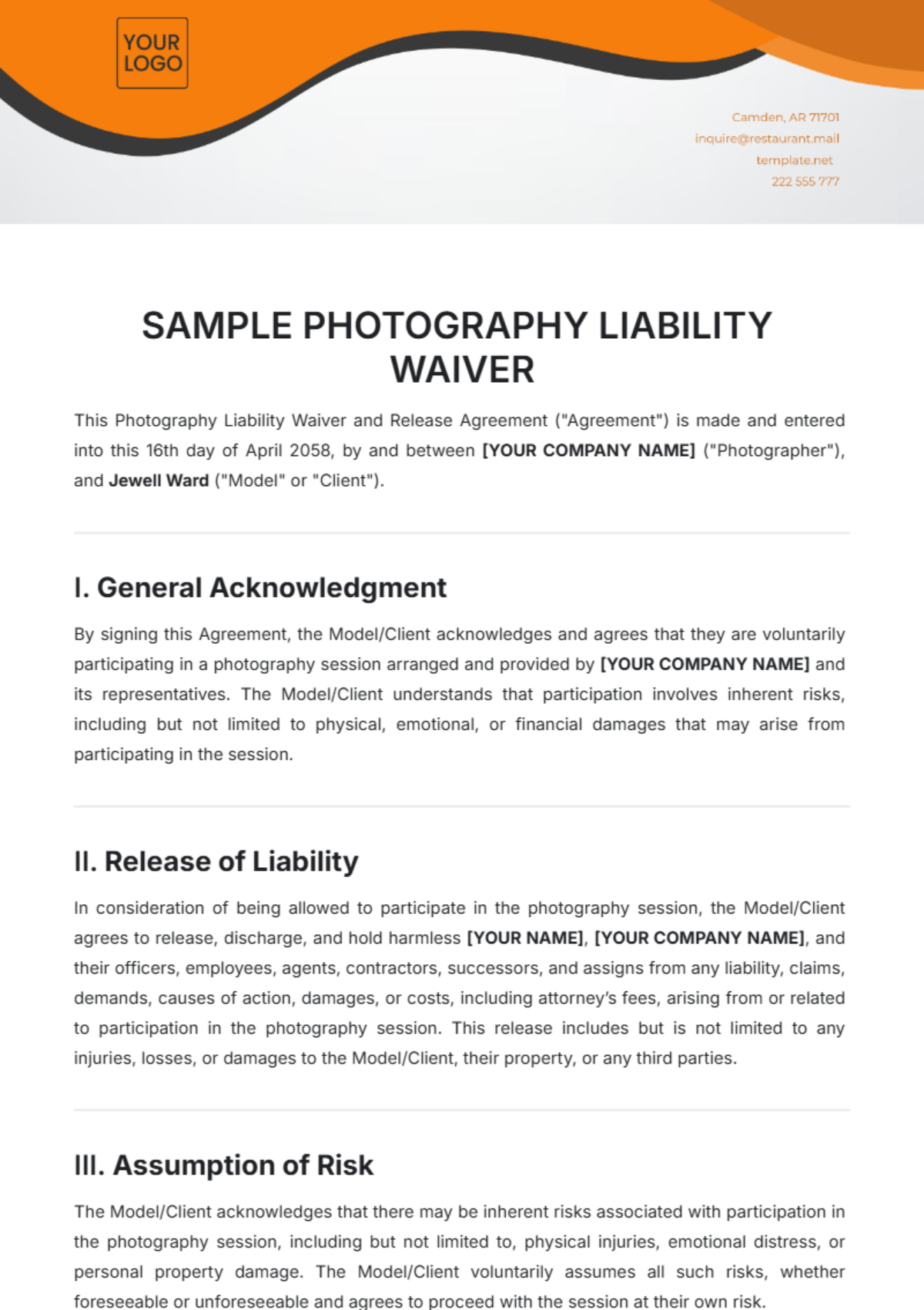 Sample Photography Liability Waiver Template - Edit Online & Download