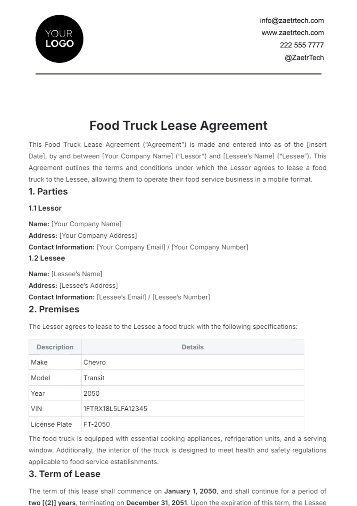 Food Truck Lease Agreement Template - Edit Online & Download