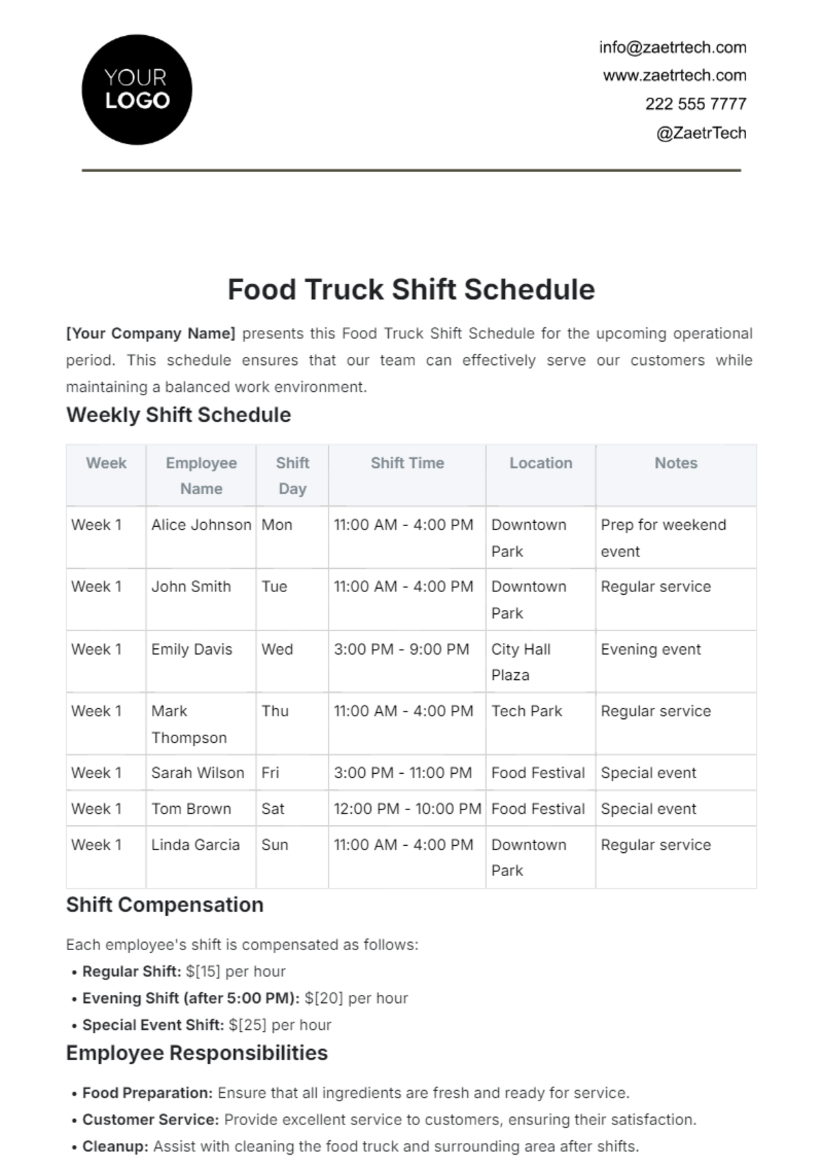 Food Truck Shift Schedule Template - Edit Online & Download