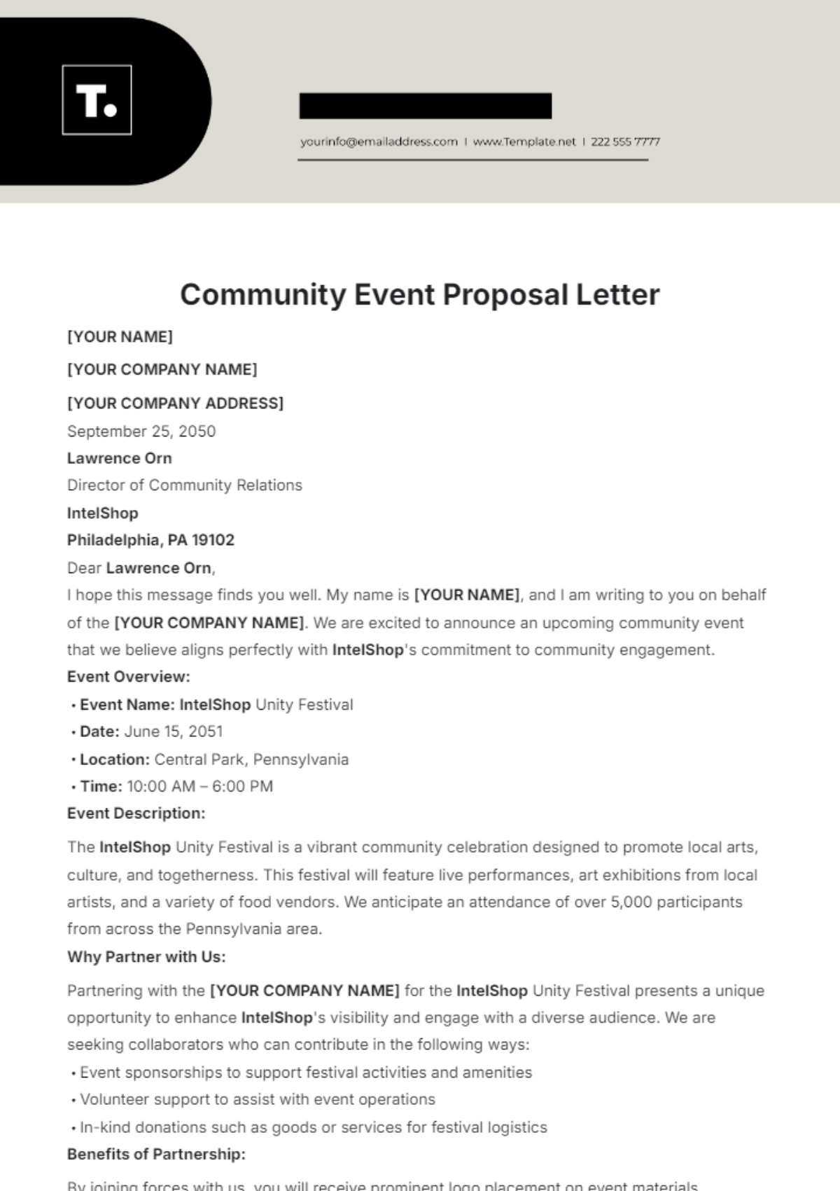 Community Event Proposal Letter Template - Edit Online & Download