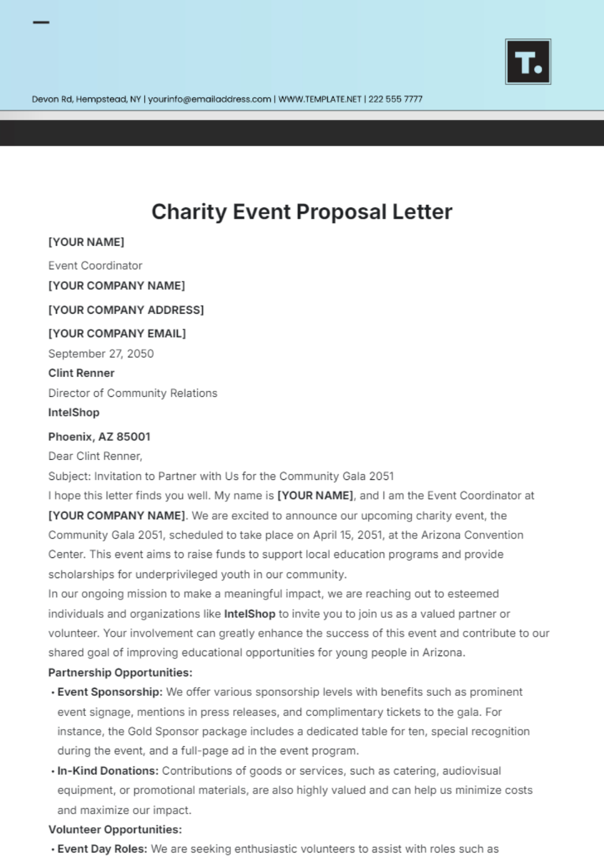 Charity Event Proposal Letter Template - Edit Online & Download