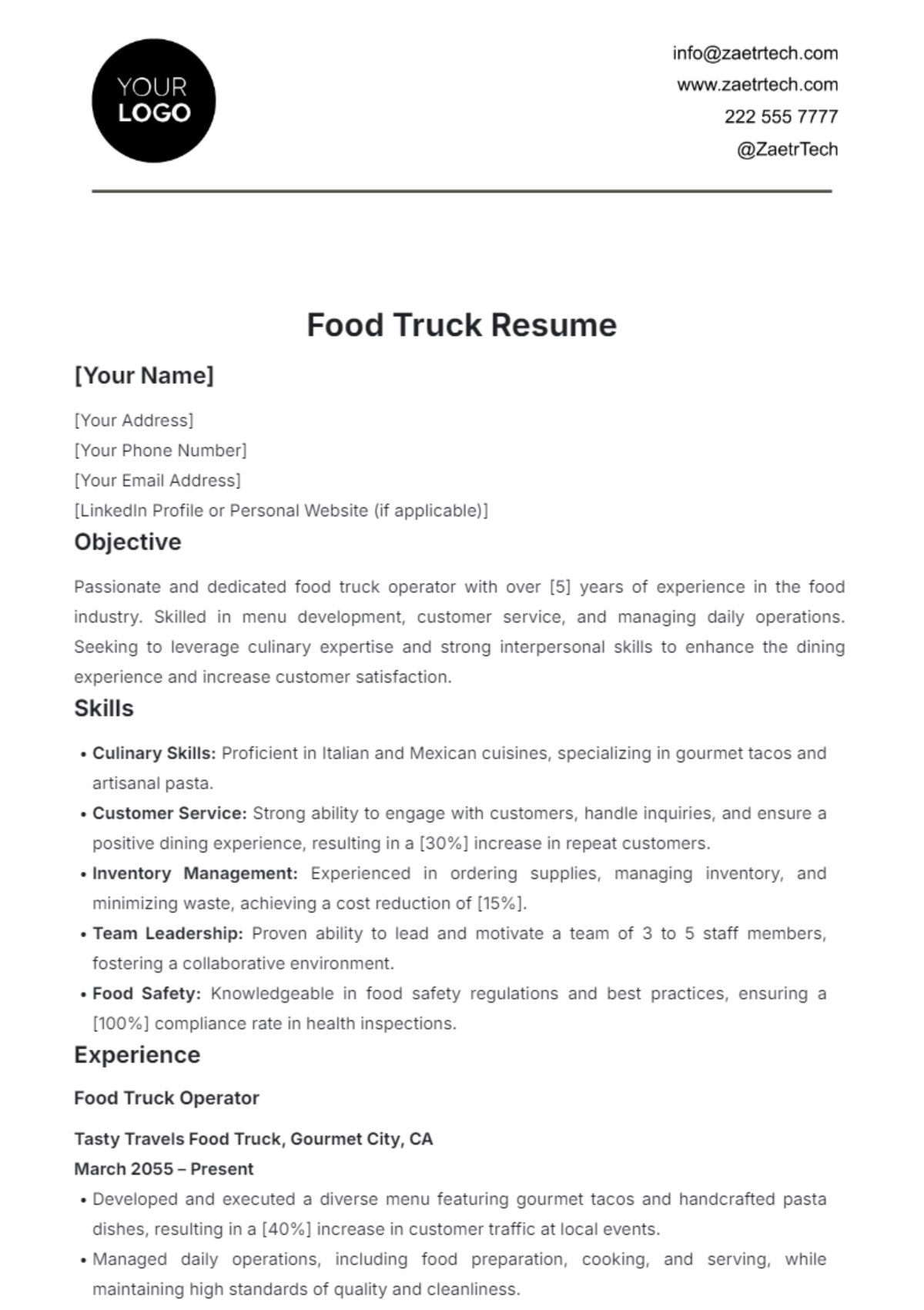 Food Truck Resume Template - Edit Online & Download