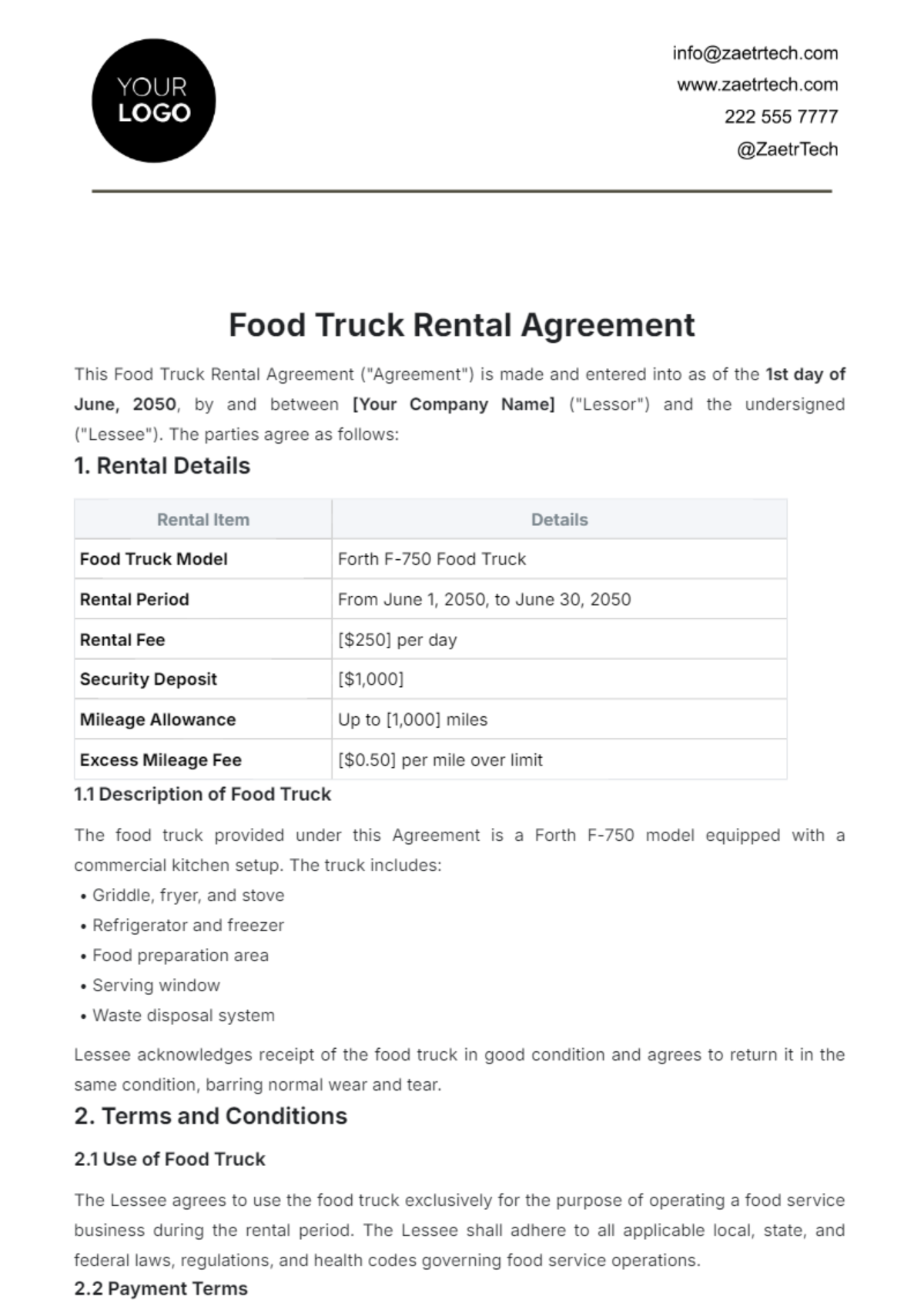 Food Truck Rental Agreement Template - Edit Online & Download