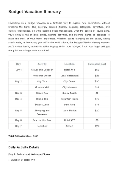 Free Budget Vacation Itinerary Layout Template to Edit Online