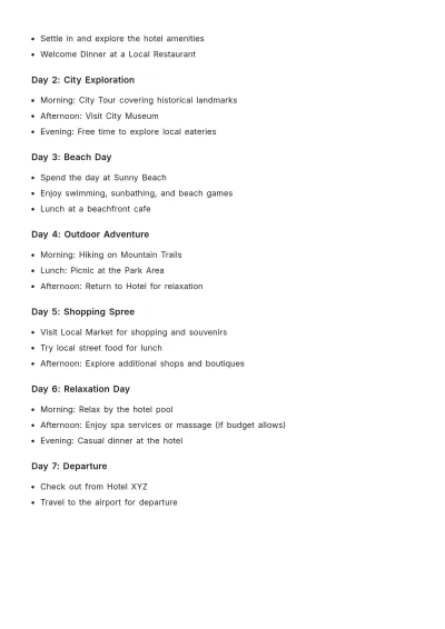 Free Budget Vacation Itinerary Layout Template to Edit Online