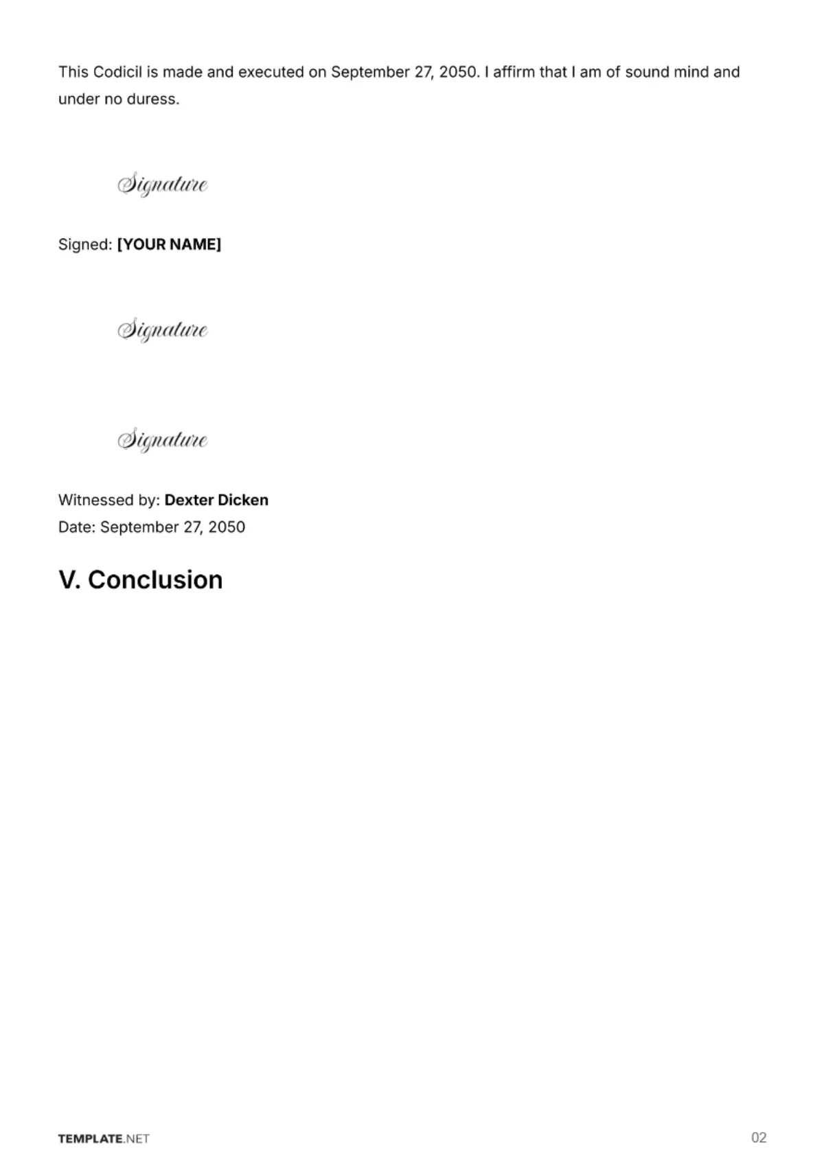 Free Codicil to Will Template to Edit Online