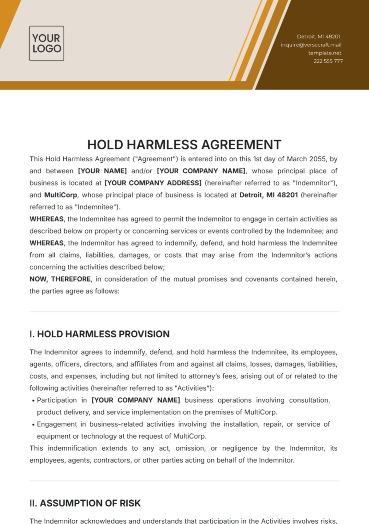 Hold Harmless Agreement Template - Edit Online & Download