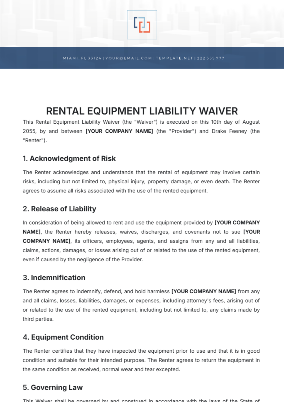 Rental Equipment Liability Waiver Template - Edit Online & Download