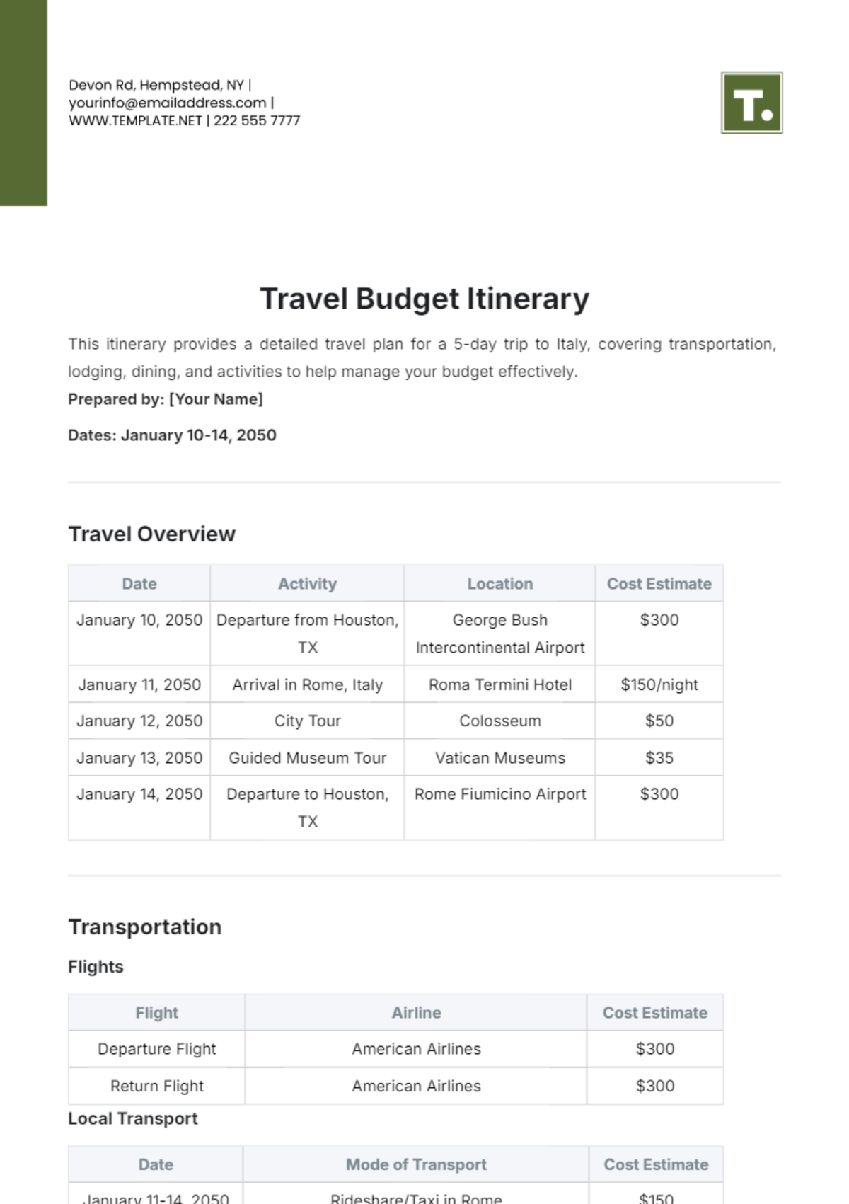 Travel Budget Itinerary Template - Edit Online & Download