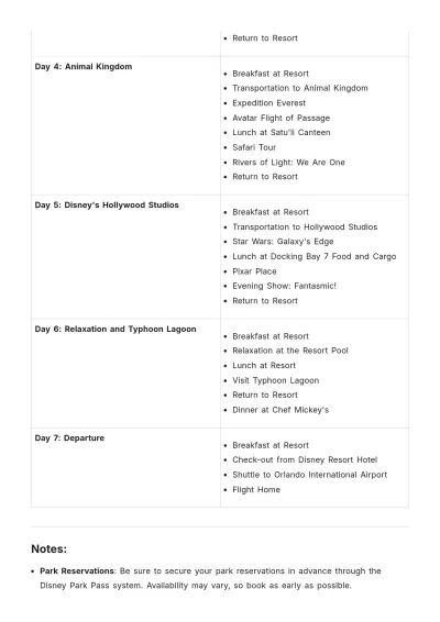 Free Disney Vacation Itinerary Template to Edit Online