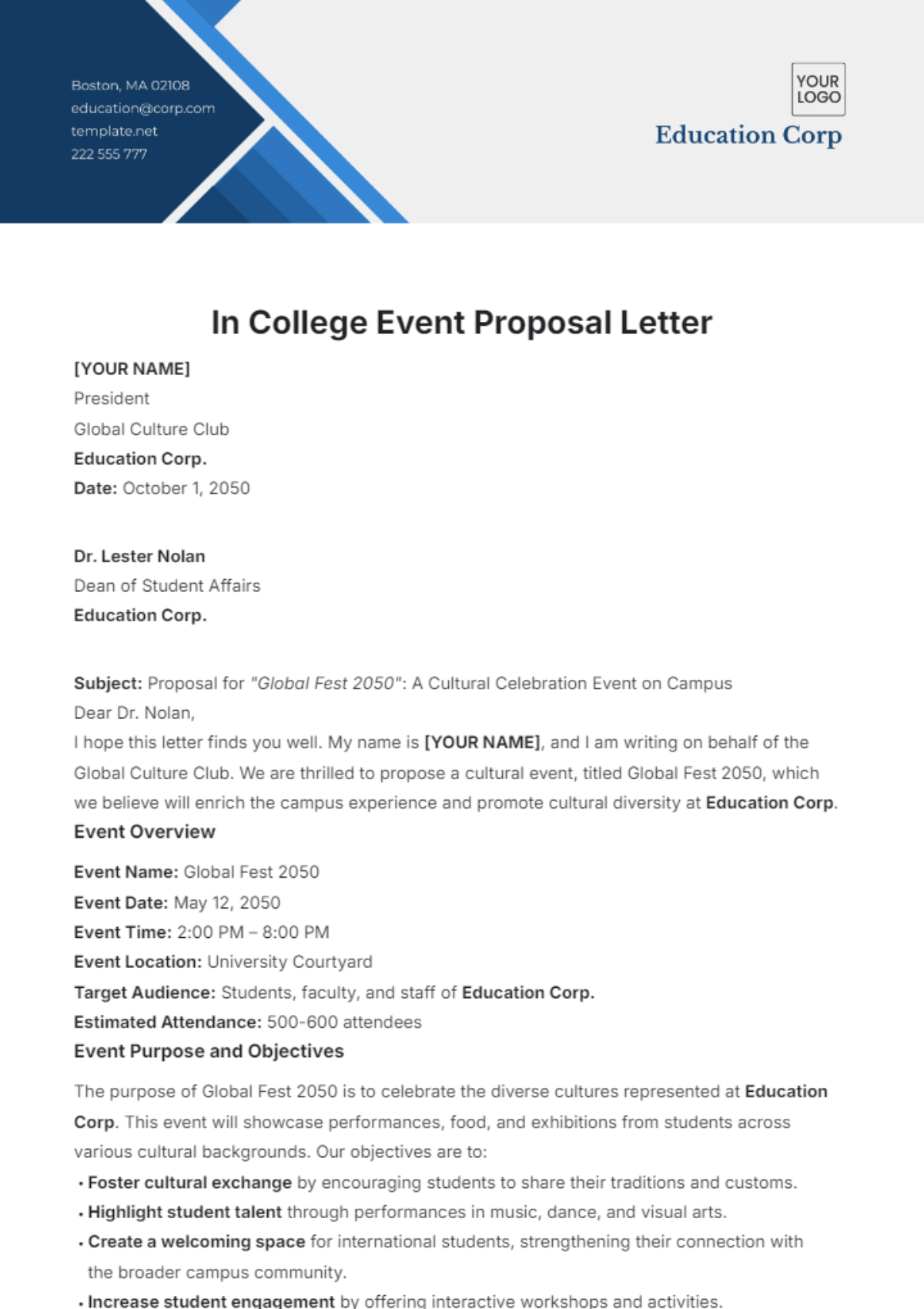 In College Event Proposal Letter Template - Edit Online & Download