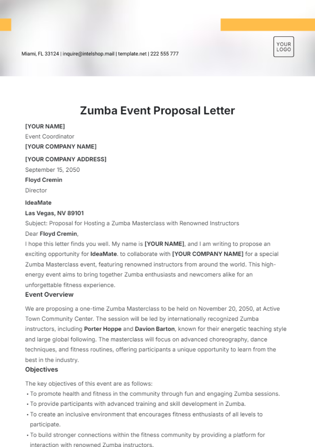 Zumba Event Proposal Letter Template - Edit Online & Download