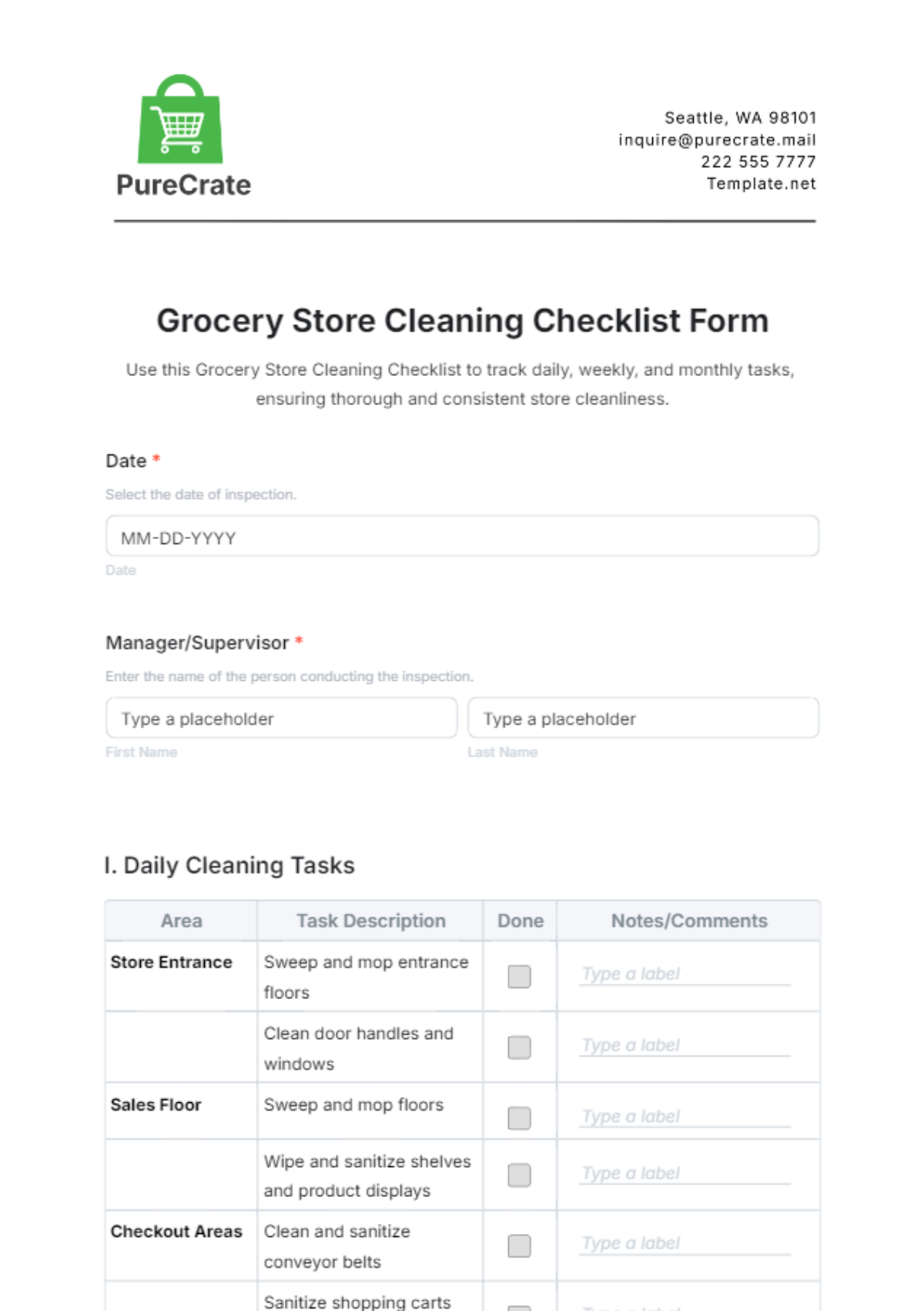 Grocery Store Cleaning Checklist Form Template