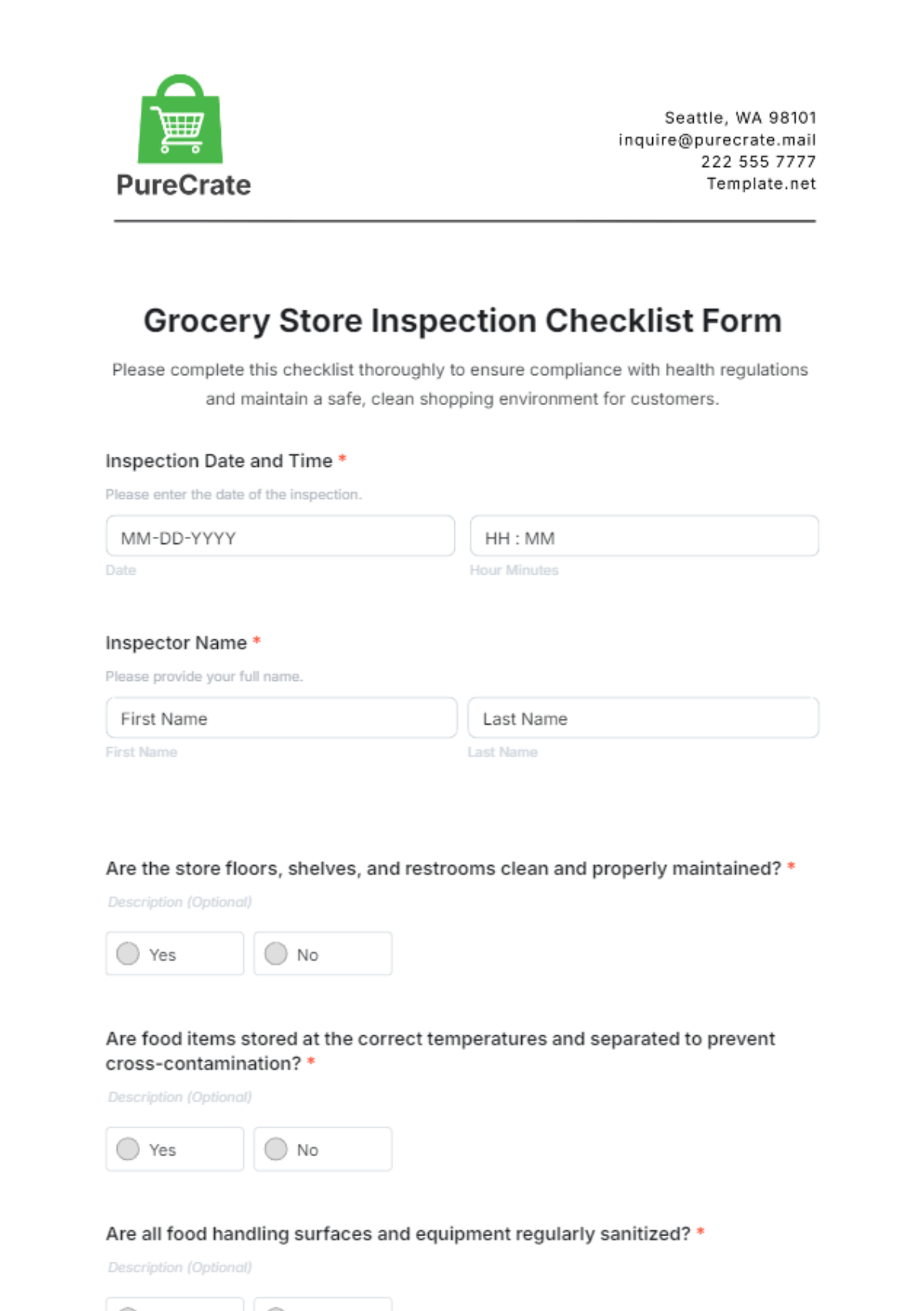 Grocery Store Inspection Checklist Form Template