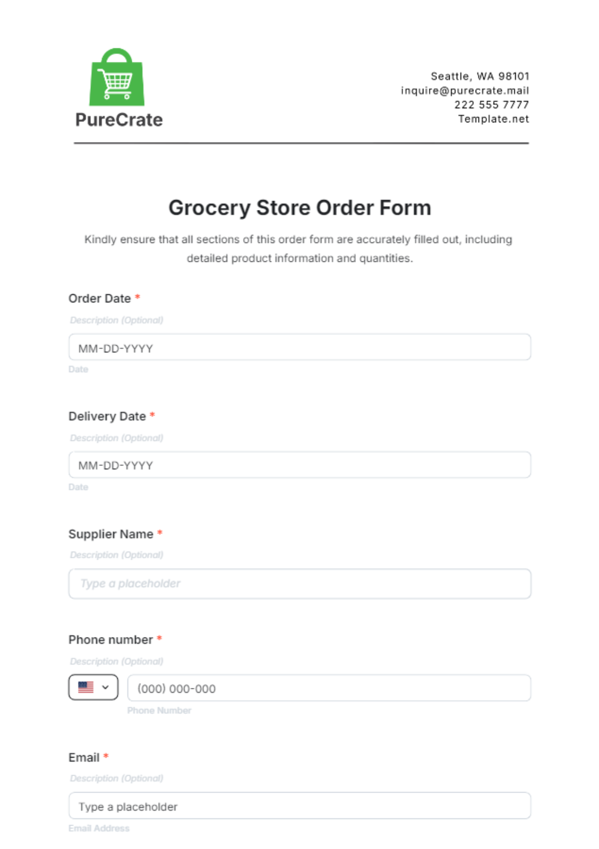 Grocery Store Order Form Template