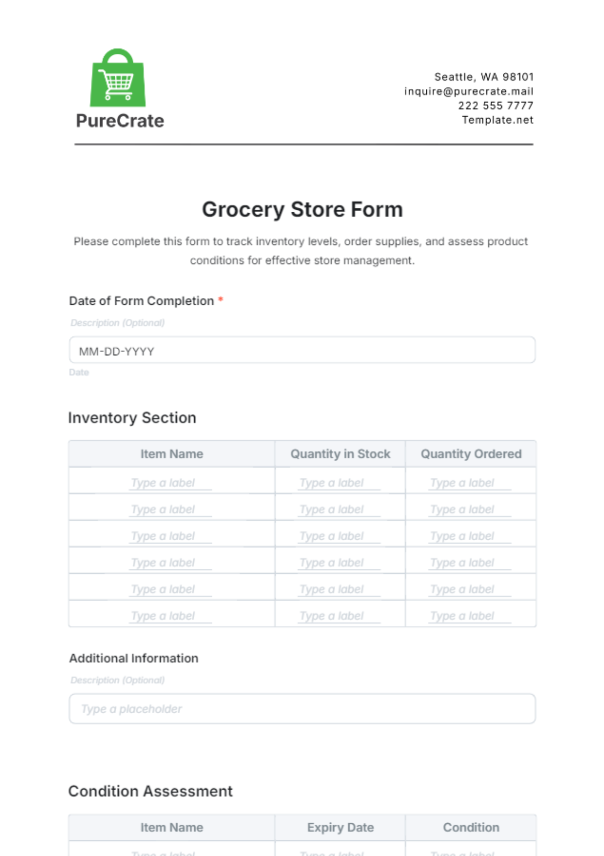 Grocery Store Form Template