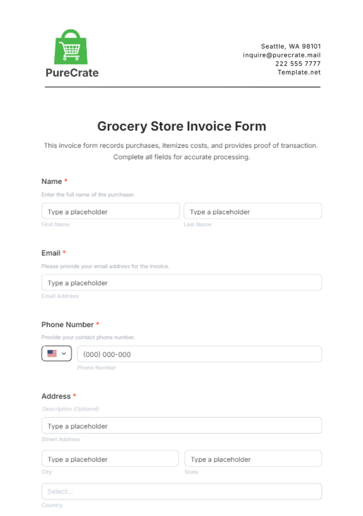 Grocery Store Invoice Form Template