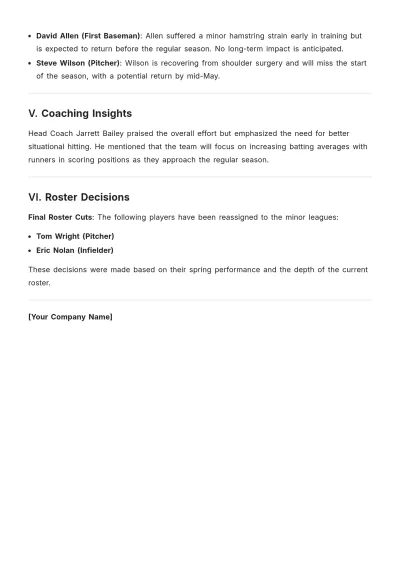 Free Spring Training Report Template to Edit Online