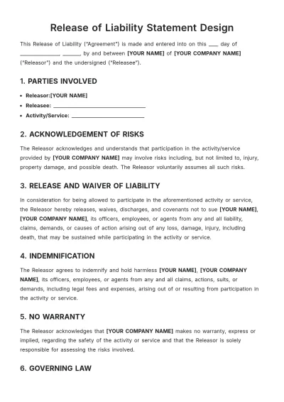 Free Release of Liability Statement Design Template to Edit Online