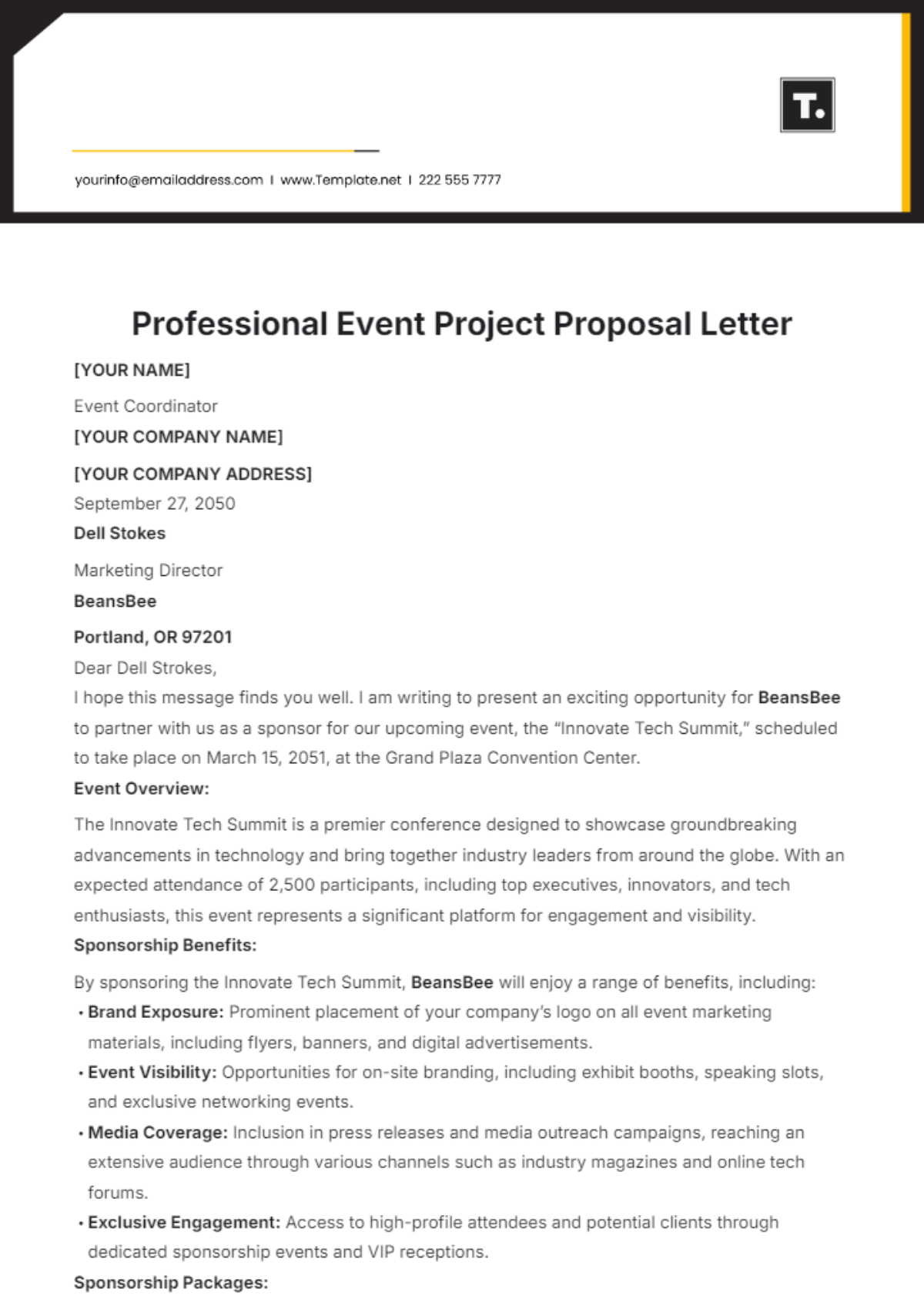 Professional Event Project Proposal Letter Template