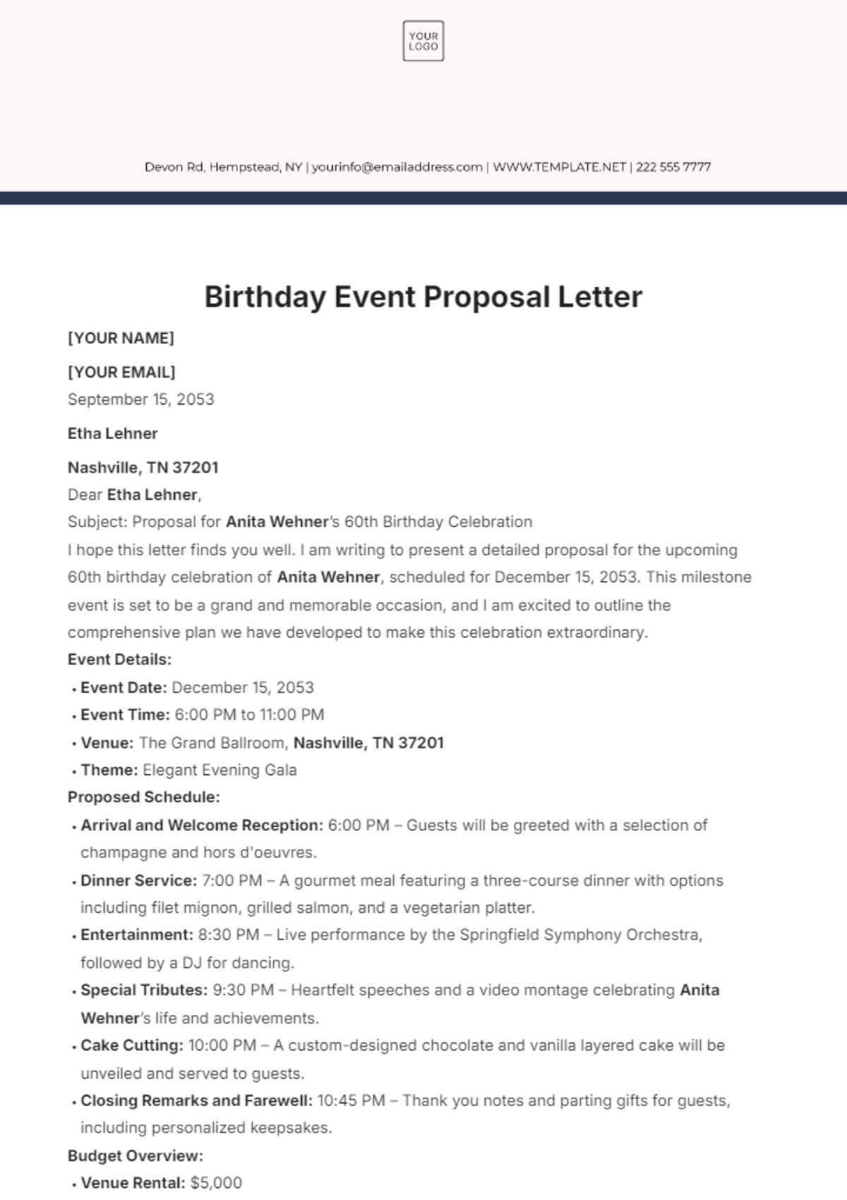 Birthday Event Proposal Letter Template