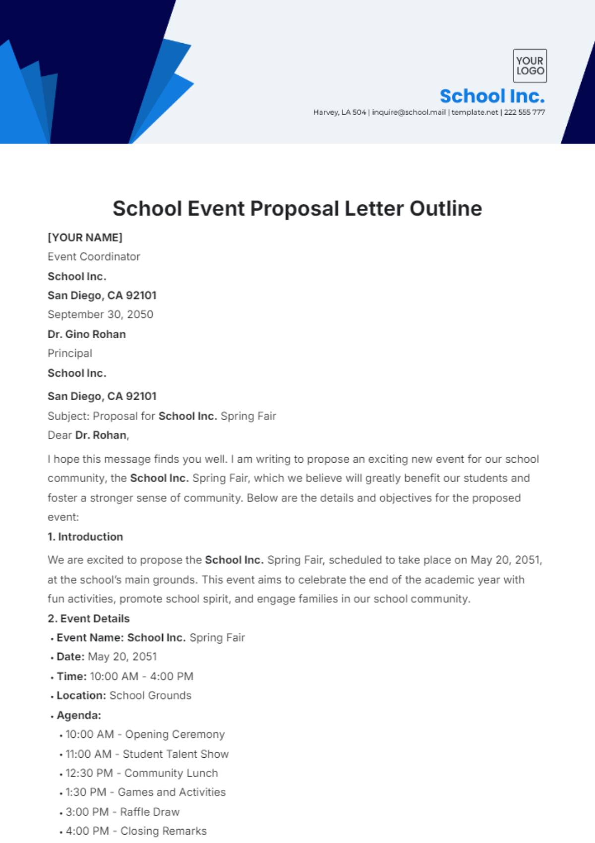 School Event Proposal Letter Outline Template