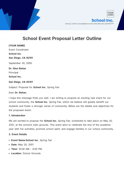 Free School Event Proposal Letter Outline Template to Edit Online