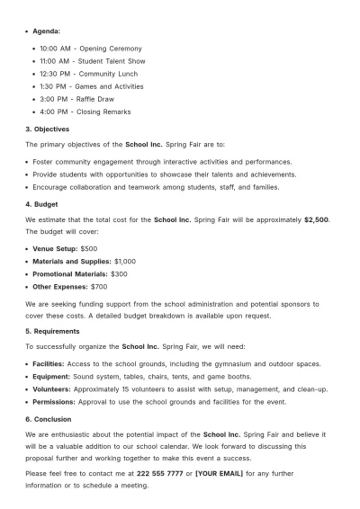 Free School Event Proposal Letter Outline Template to Edit Online