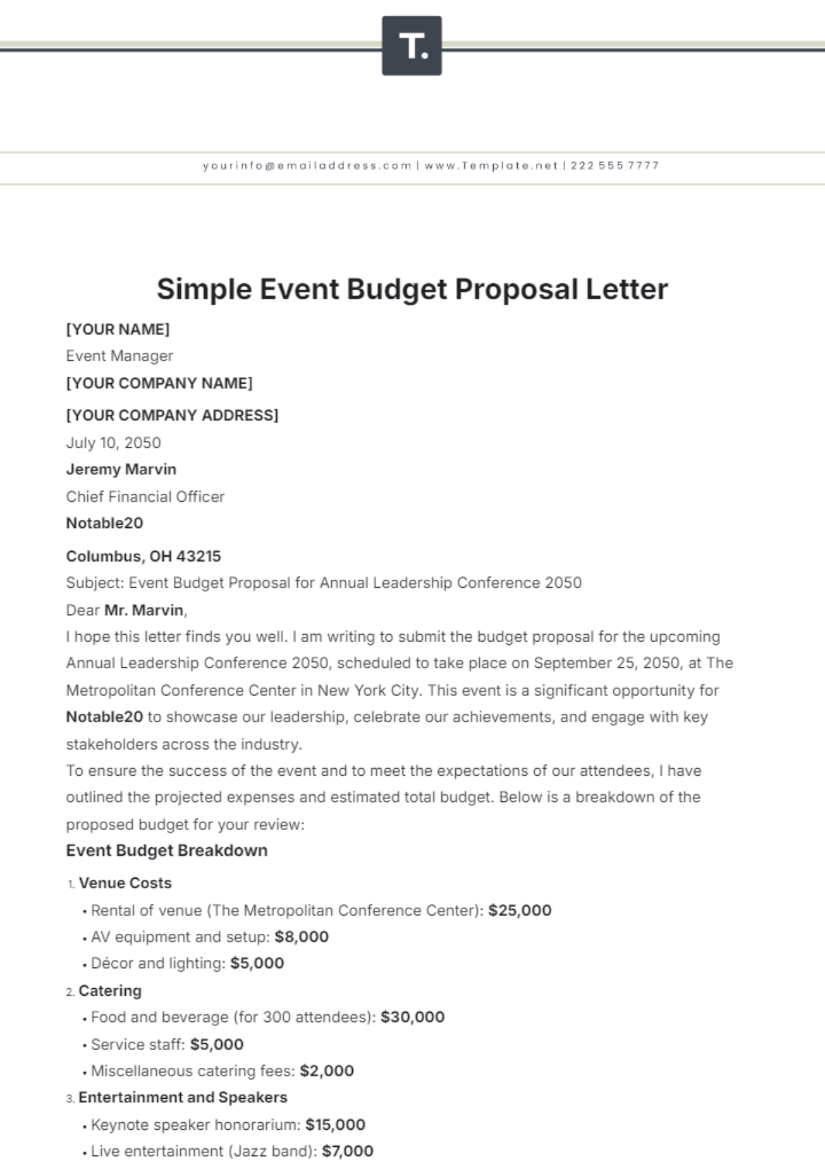 Simple Event Budget Proposal Letter Template