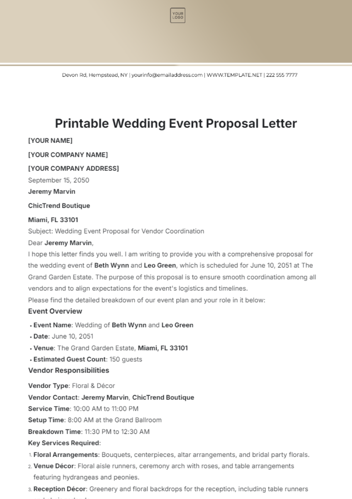 Printable Wedding Event Proposal Letter Template