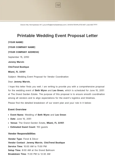 Free Printable Wedding Event Proposal Letter Template to Edit Online