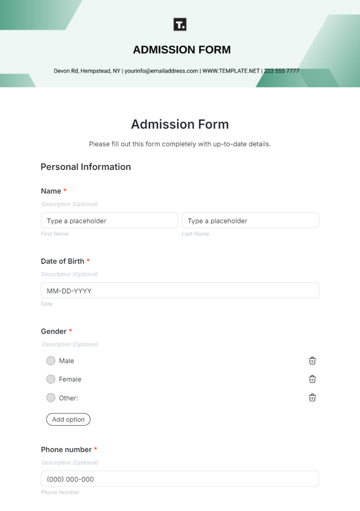 Free Admission Form Template