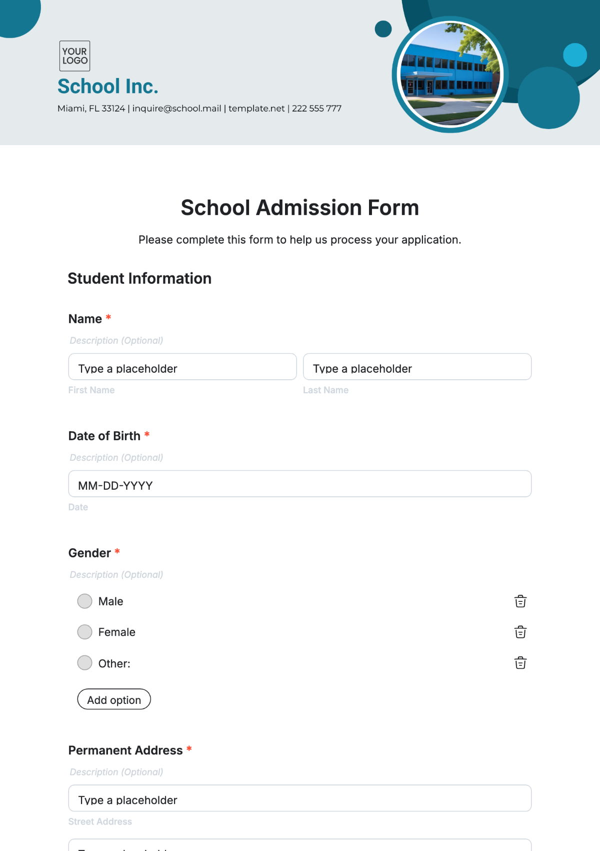 School Admission Form Template