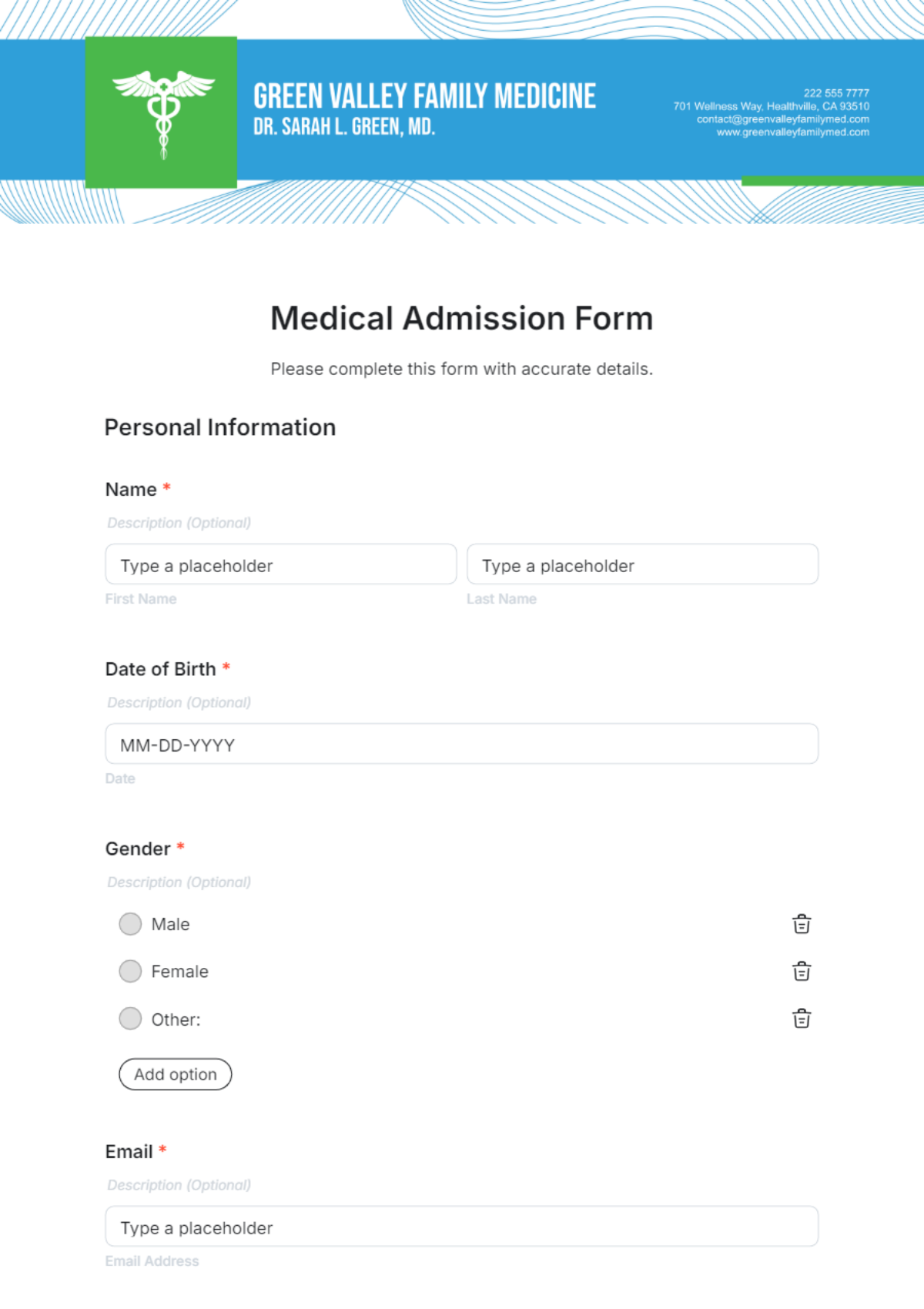 Medical Admission Form Template