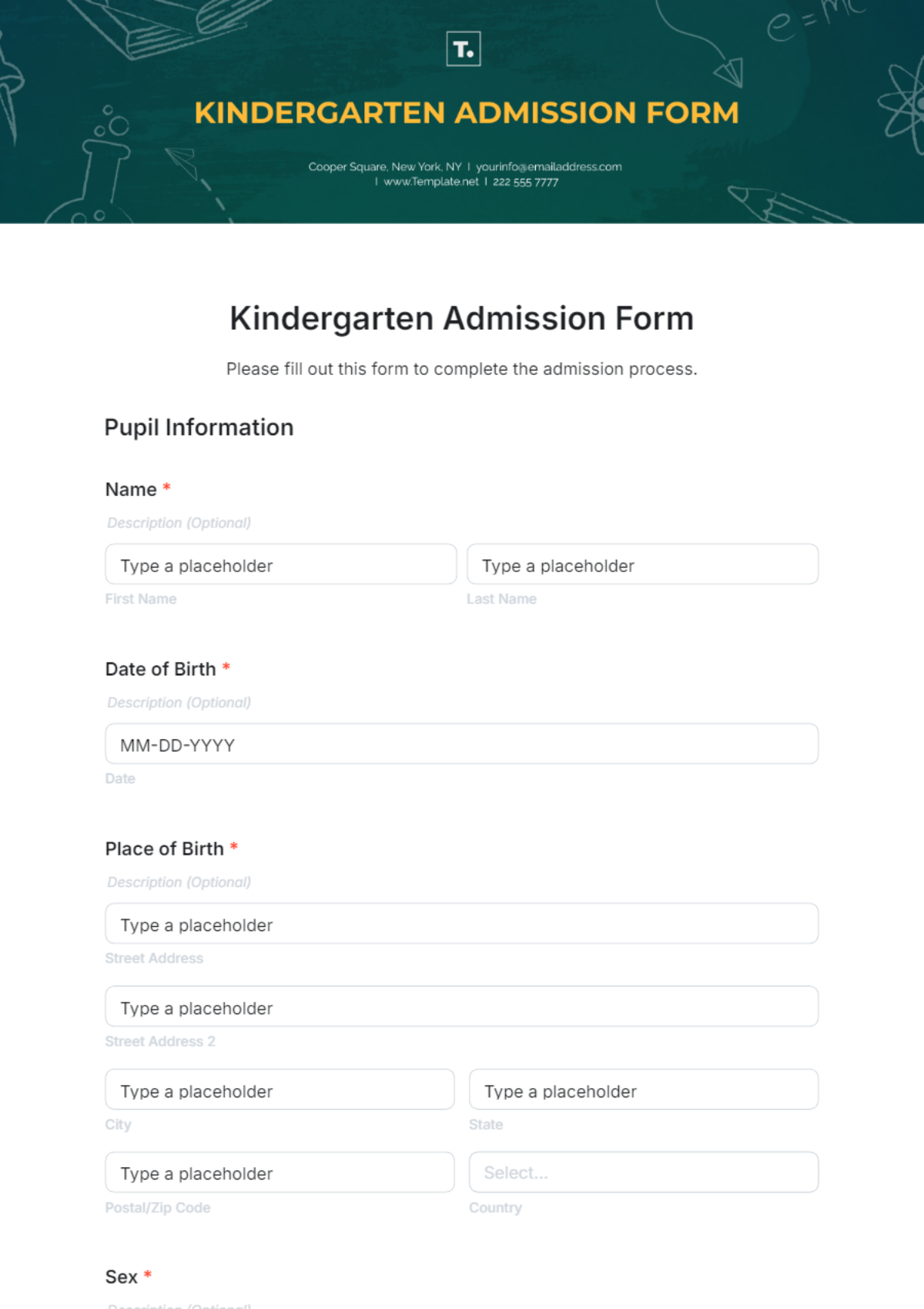 Kindergarten Admission Form Template