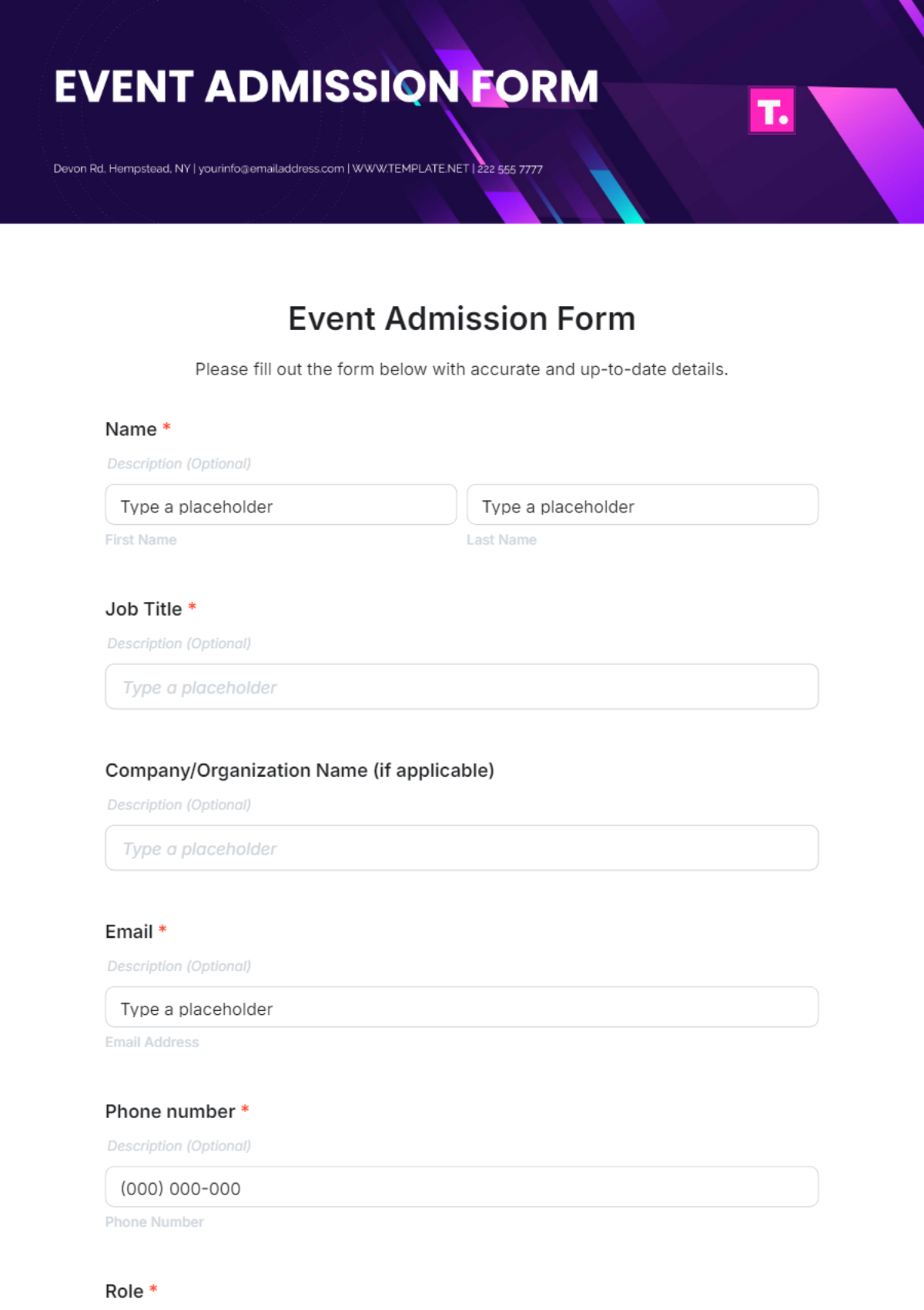 Event Admission Form Template