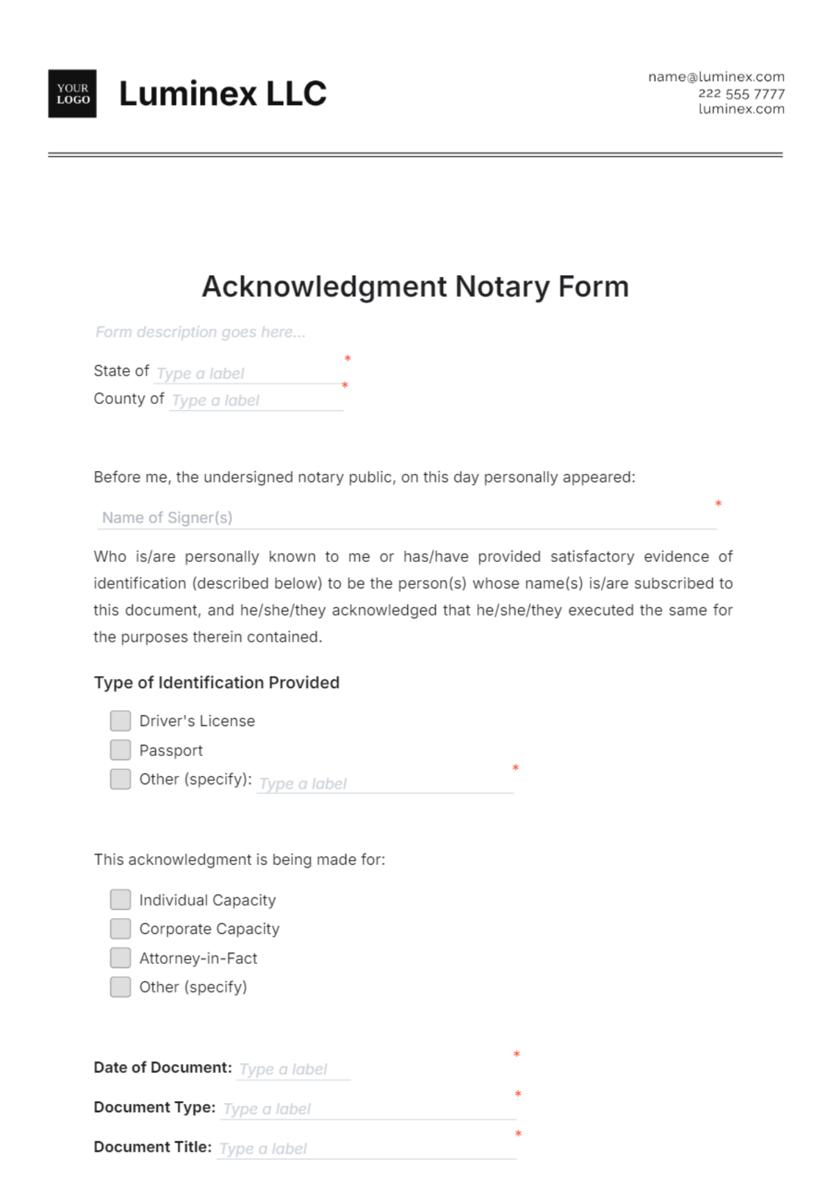 Acknowledgment Notary Form Template - Edit Online & Download