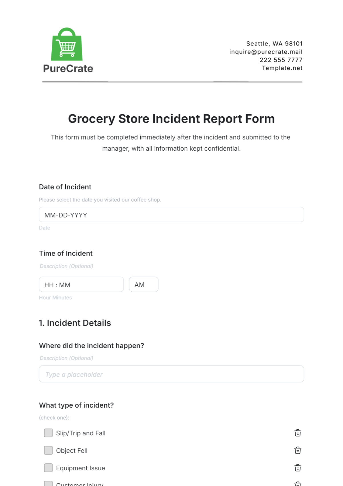 Grocery Store Incident Report Form Template