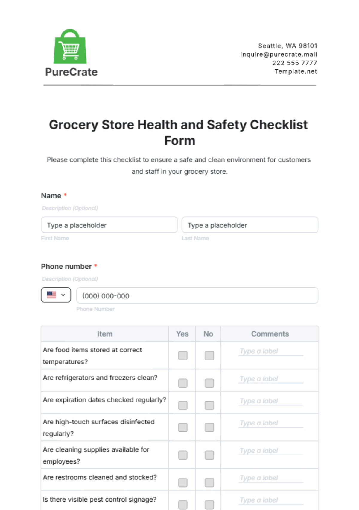 Grocery Store Health and Safety Checklist Form Template - Edit Online & Download