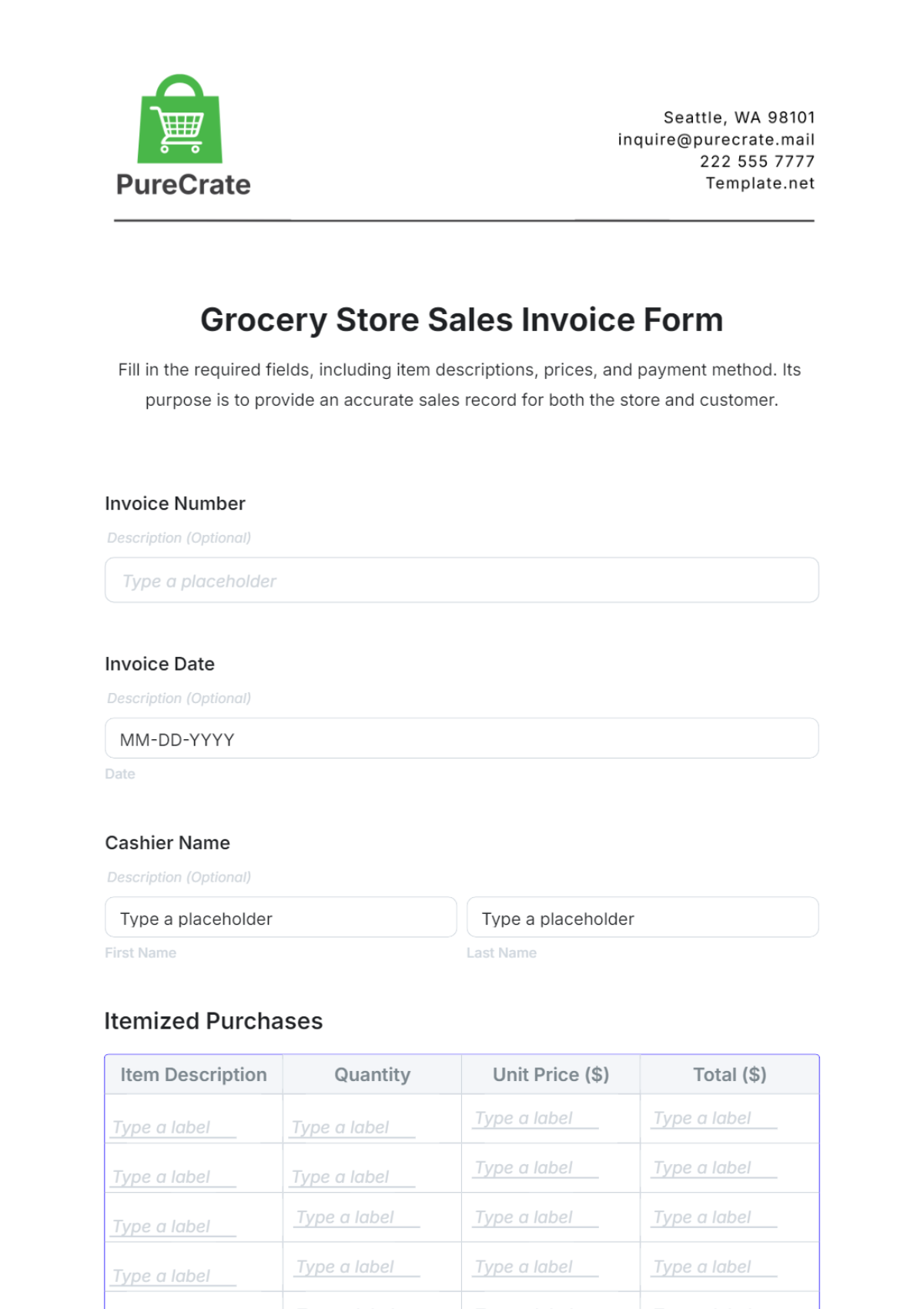 Grocery Store Sales Invoice Form Template - Edit Online & Download