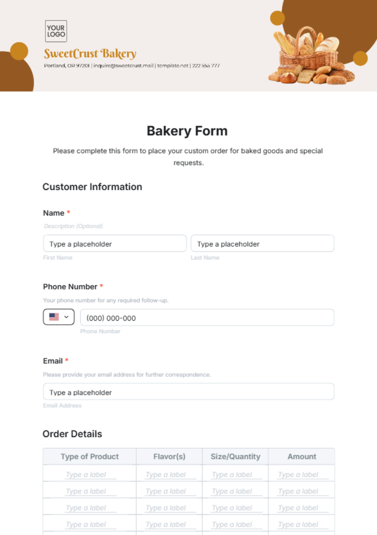 Bakery Form Template - Edit Online & Download