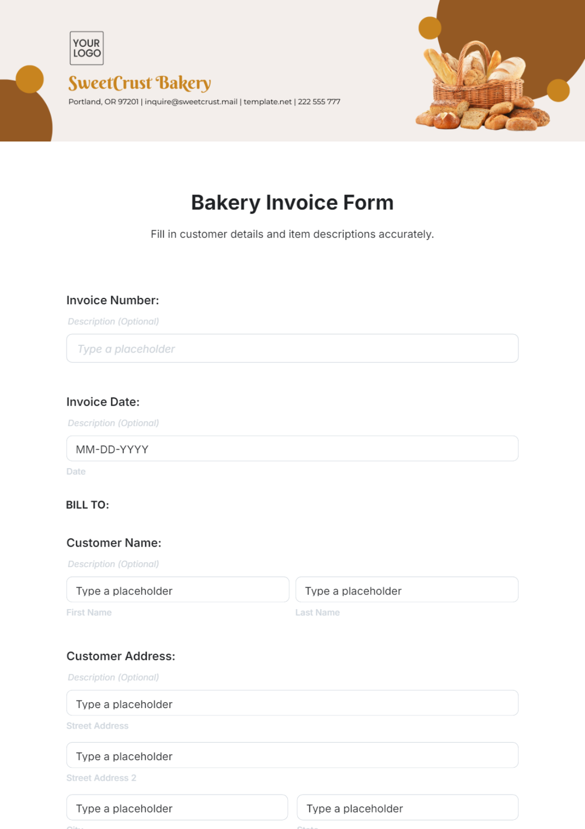 Bakery Invoice Form Template - Edit Online & Download