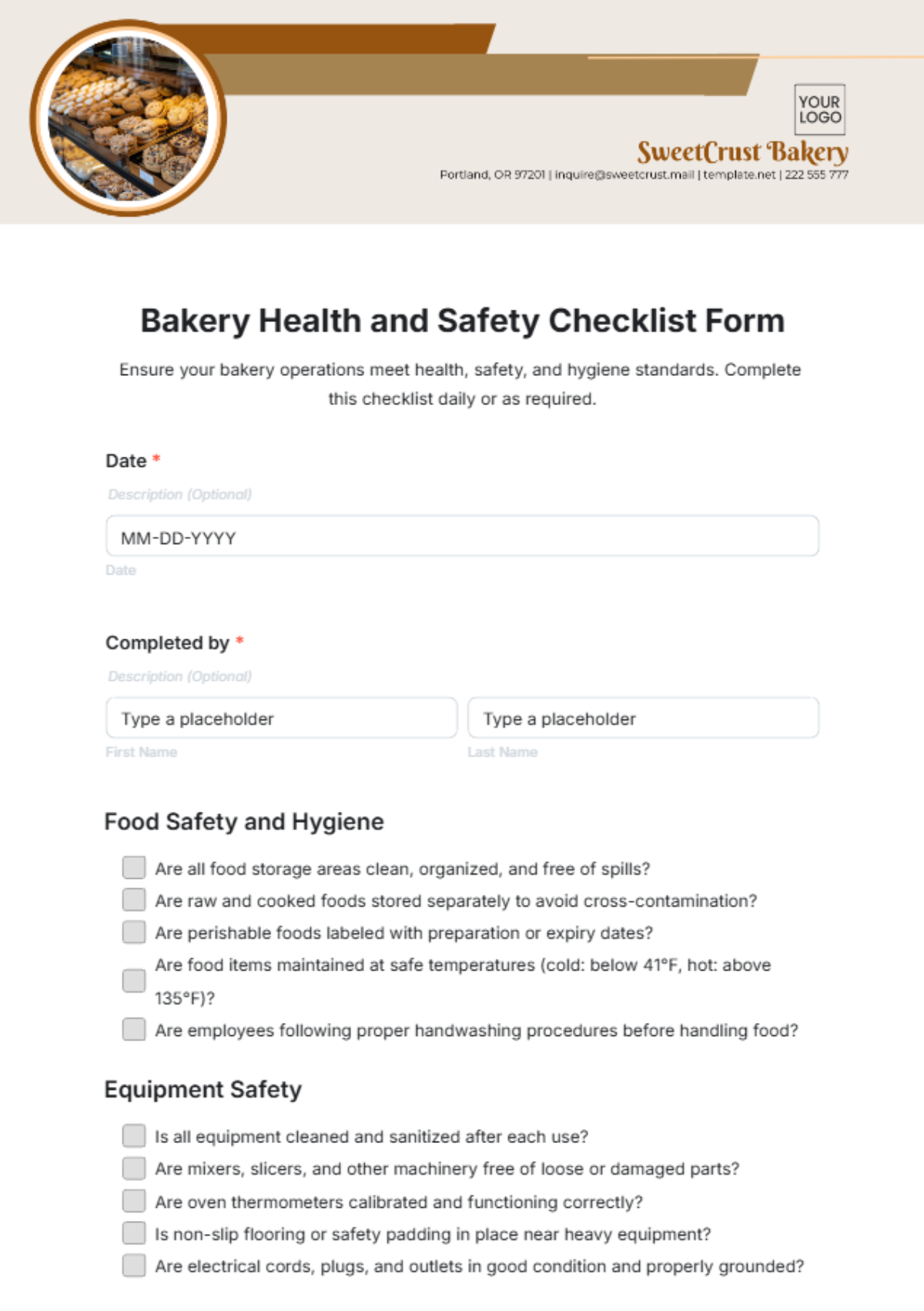 Bakery Health and Safety Checklist Form Template - Edit Online & Download