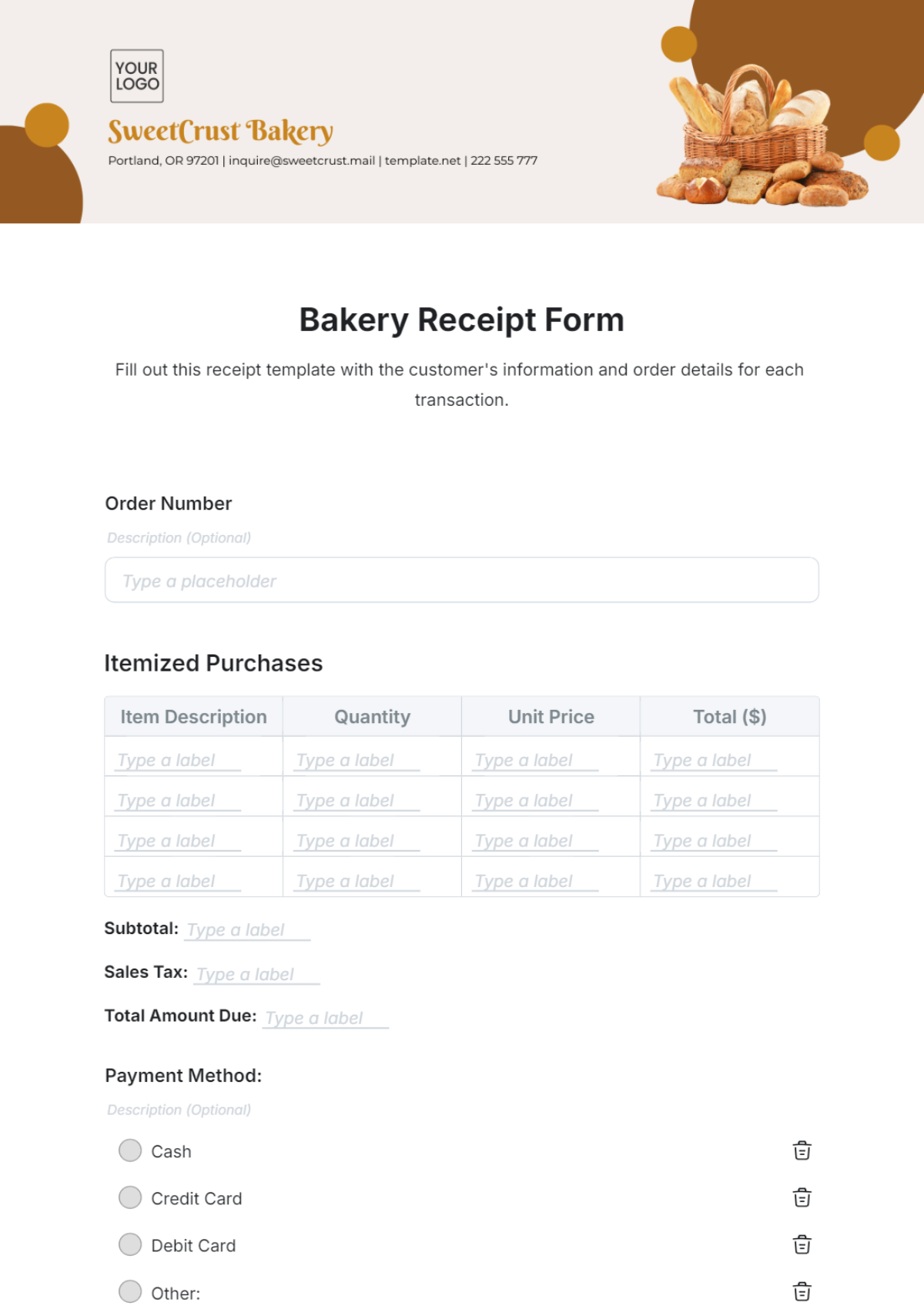 Bakery Receipt Form Template - Edit Online & Download