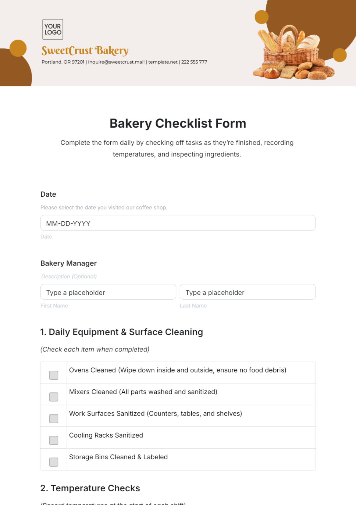 Bakery Checklist Form Template