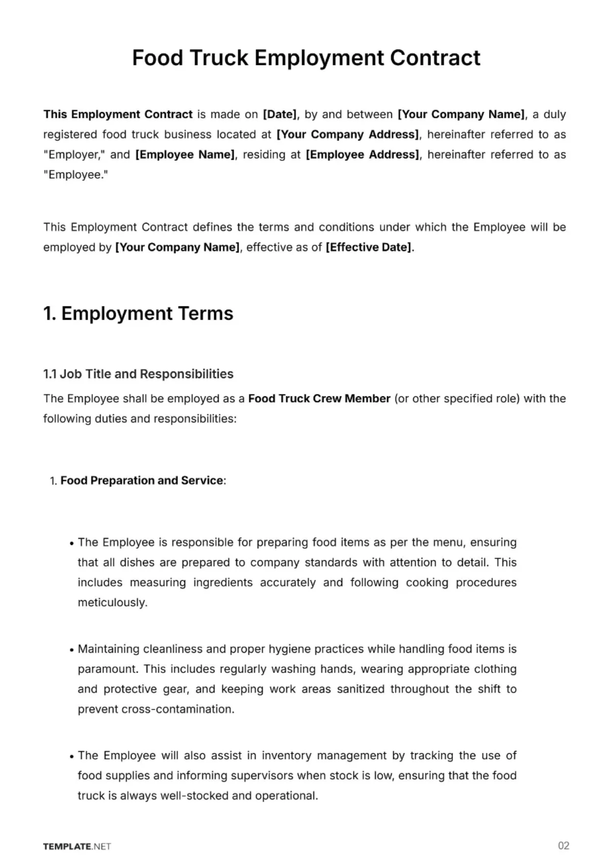 Free Food Truck Employment Contract Template to Edit Online