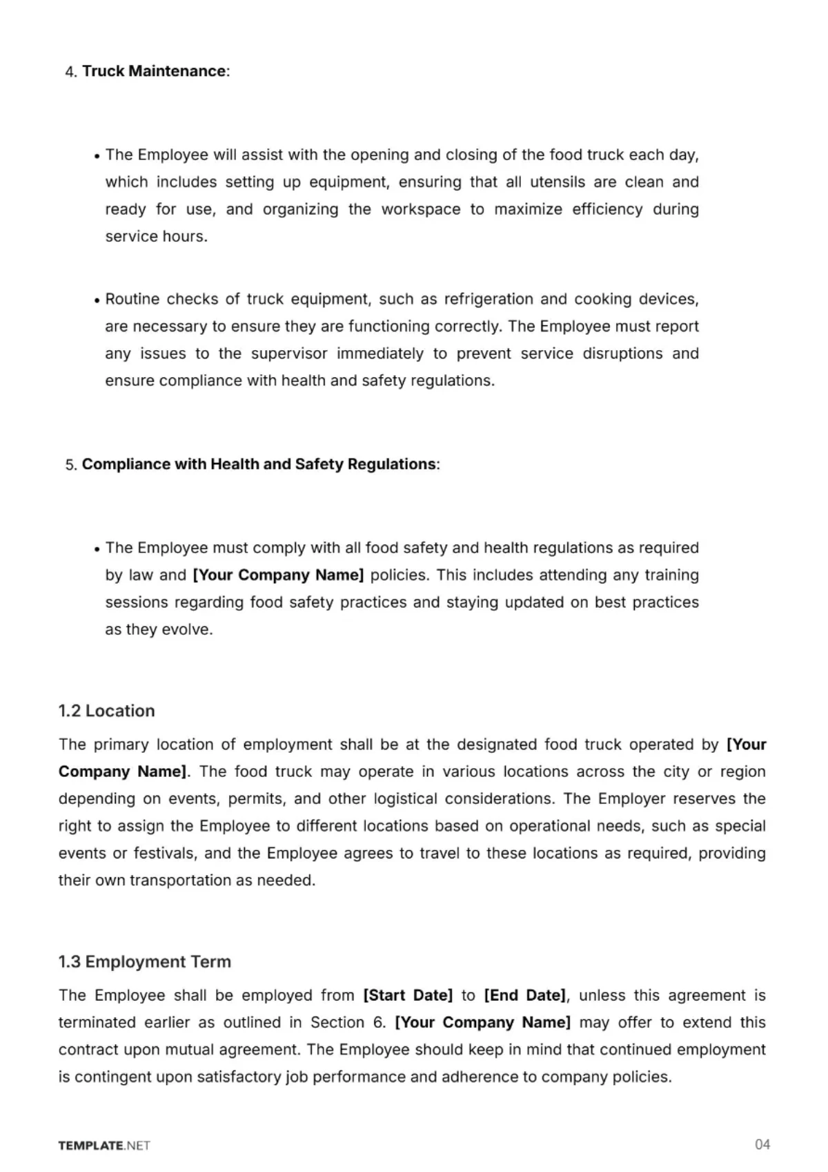 Free Food Truck Employment Contract Template to Edit Online
