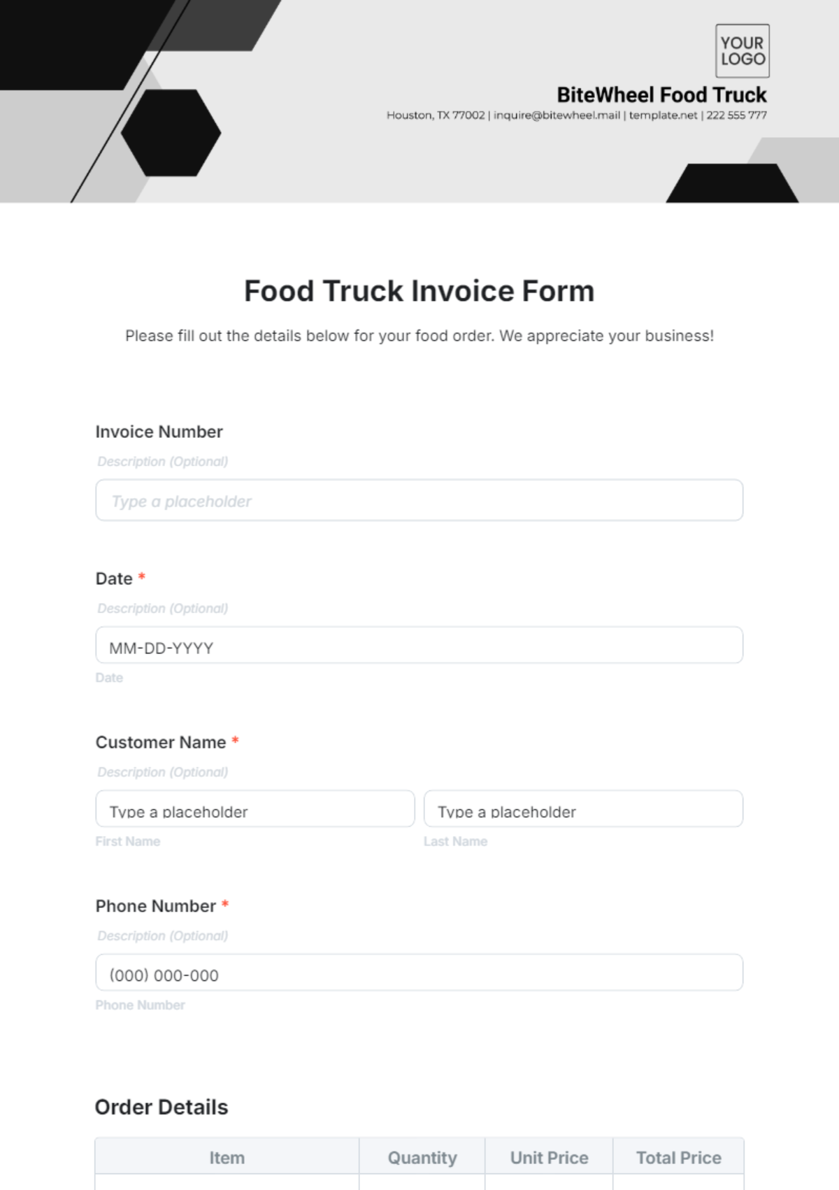 Food Truck Invoice Form Template - Edit Online & Download